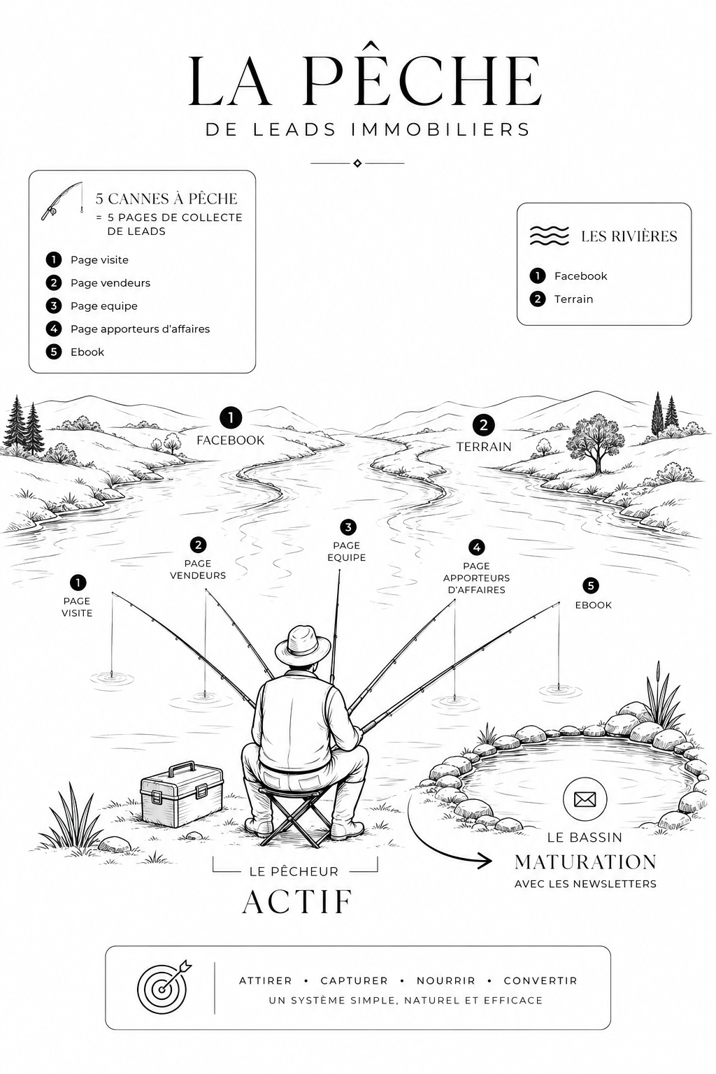 Allégorie de la pêche en immobilier — capture de leads